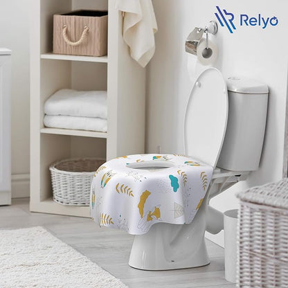 Relyo Disposable Toilet Seat Cover for Travel – 20 Pack with Covers Wrapped in Sets of 2, Non-Flushable Liners, Fits Most Seats – Kids, Toddlers, Adults (Owls, 20)
