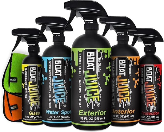 Boat Juice Luxury Boat Cleaning Kit | Interior Vinyl Seat Cleaner, Exterior Cleaner & Protectant, Hard Water Spot Remover, Ceramic Coating, Glass Cleaner, 2 Microfiber Towels | Marine Kit, Made in USA