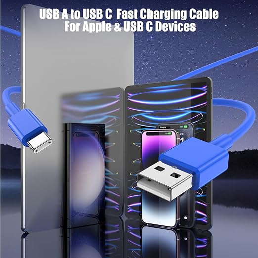 3-Pack Blue [3.3FT+3.3FT+6FT] USB A to USB C Cable, Compatible with iPhone 15/16, iPad, Samsung, MacBook, PS5 and More, Fast Charging, Carplay Cable