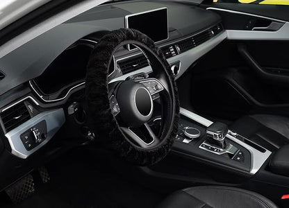 KAFEEK Elastic Long Microfiber Plush Steering Wheel Cover for Winter Warm, Universal 15 inch, Anti-Slip, Odorless, Black