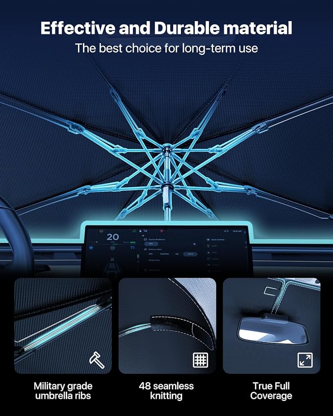 [Upgraded] Nmoiss Windshield Sun Shade Umbrella For Truck- [Vinyl Coating Heat Shield] Protect Car from Sun Rays & Heat Damage Keep Cool and Protect Interior, Spring Structure Edge Large 61" L x 35" W