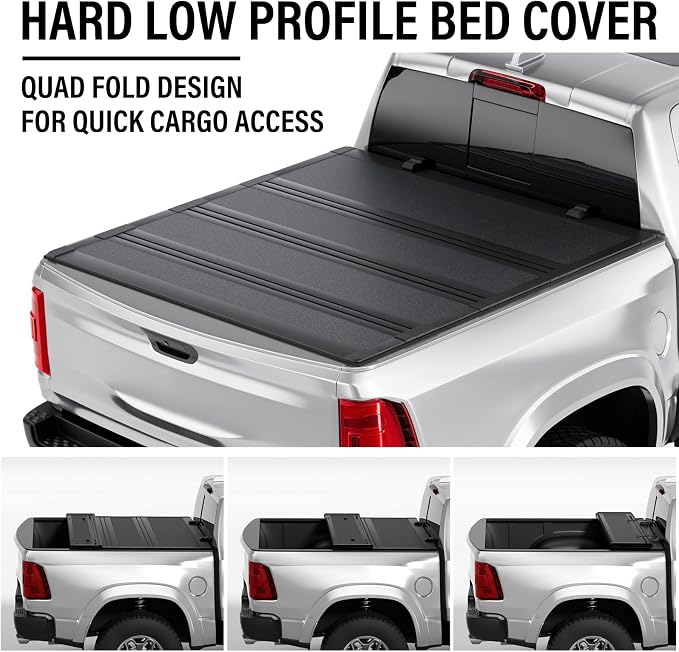 Low Profile Hard Folding Aluminum Truck Bed Tonneau Cover Compatible with 2009-2018 Dodge Ram 1500 6'4" Bed Without Ram Box (76.3), Quad-Fold Style