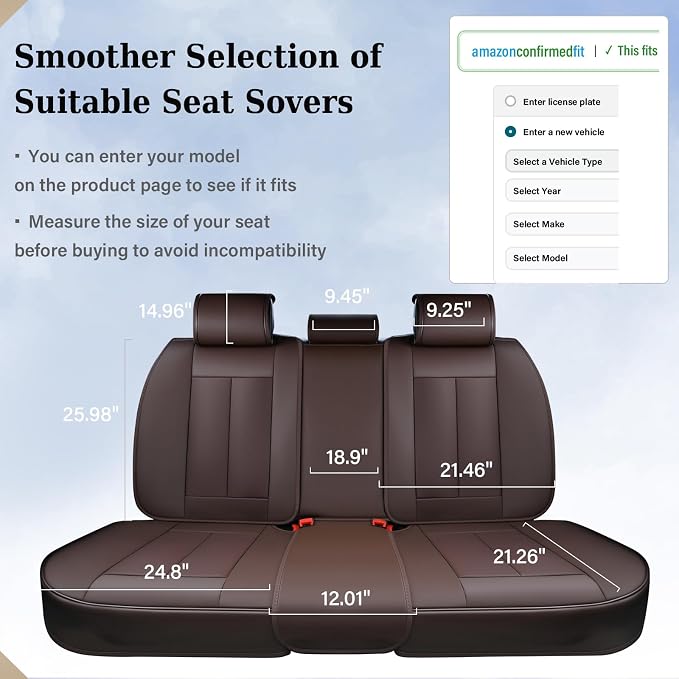 Coverado Rear Seat Covers for Cars, Brown Back Seat Protector, Back Seat Cover for Kids, 3-Pieces Waterproof Car Seat Cushion Nappa Leather Seat Cover for Back Seat Universal Fit for Most Cars
