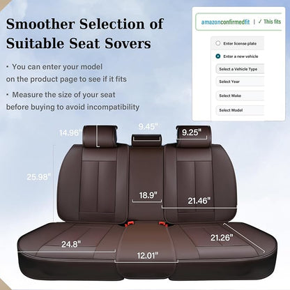 Coverado Rear Seat Covers for Cars, Brown Back Seat Protector, Back Seat Cover for Kids, 3-Pieces Waterproof Car Seat Cushion Nappa Leather Seat Cover for Back Seat Universal Fit for Most Cars