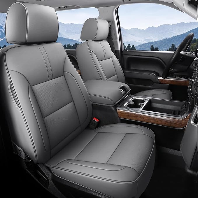 Coverado Chevy Silverado Seat Covers, Faux Leather Seat Covers Fit for Chevy Silverado GMC Sierra 2007-2026 1500, 2015-2026 2500HD 3500HD Crew Double Extended Cab (Front,Gray)