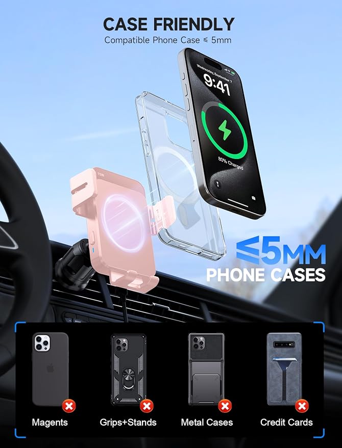 MOKPR Wireless Car Charger, 15W Auto Clamping Car Charger Dash Windshield Air Vent Phone Holder Compatible with iPhone 16 15 14/13/13 Pro/12 pro/12/11/X/8, Samsung S24/S23/S22, Pink