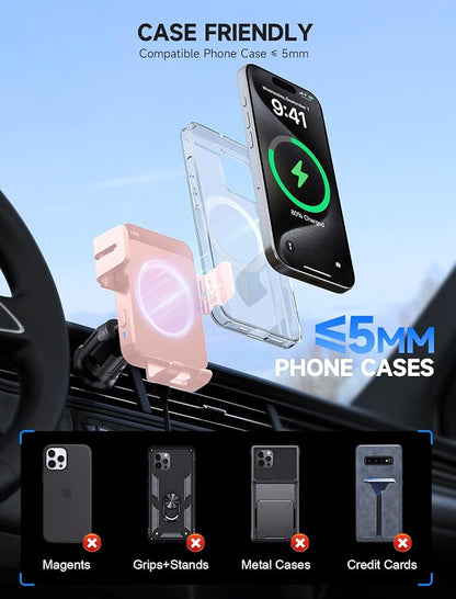 MOKPR Wireless Car Charger, 15W Auto Clamping Car Charger Dash Windshield Air Vent Phone Holder Compatible with iPhone 16 15 14/13/13 Pro/12 pro/12/11/X/8, Samsung S24/S23/S22, Pink