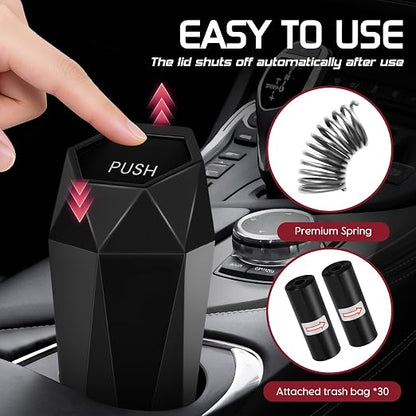 Car Trash Can with Lid, Mini Car Trash Cup with 30 Additional Trash Bags, Car Accessories for Interior, Leakproof Vehicle Garbage Bin for Car, Home, Office - 2 Packs, Black