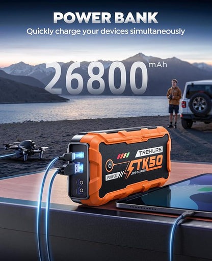 TREKURE Portable Car Jump Starter 8000A 26800mAh, Car Battery Jump Starter for All Gas and 12L Diesel Engines, Battery Jumper, Portable Jump Box Car Battery with Fast Charge, LED Light - Orange