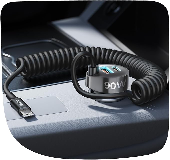 LISEN Car Charger with 45W Built-in USB-C 36 inch Coiled Cable, 90W Multi-Port Fast Charging Cigarette Lighter Adapter for iPhone 17/16/15 Pro Max, Samsung Galaxy S26 Ultra, Black | Car Charger USB C Fast Charge Adapter,Super Fast for Men Women, Car Ac...