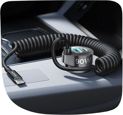 LISEN Car Charger with 45W Built-in USB-C 36 inch Coiled Cable, 90W Multi-Port Fast Charging Cigarette Lighter Adapter for iPhone 17/16/15 Pro Max, Samsung Galaxy S26 Ultra, Black | Car Charger USB C Fast Charge Adapter,Super Fast for Men Women, Car Ac...