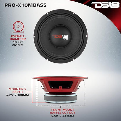 DS18 PRO-X10MBASS Loudspeaker - 10", Midbass, Red Steel Basket, 800W Max, 400W RMS, 8 Ohms - Premium Quality Audio Door Speakers for Car or Truck Stereo Sound System (1 Speaker),Classic