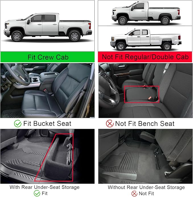 KUST Floor Mats for 2020-2026 Chevy Silverado/GMC Sierra 1500/2500HD/3500HD Crew Cab with Rear Underseat Storage Box, Front Bucket, All Weather Car Mats for Silverado Accessories TPE Rubber