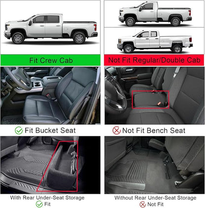 KUST Floor Mats for 2020-2026 Chevy Silverado/GMC Sierra 1500/2500HD/3500HD Crew Cab with Rear Underseat Storage Box, Front Bucket, All Weather Car Mats for Silverado Accessories TPE Rubber