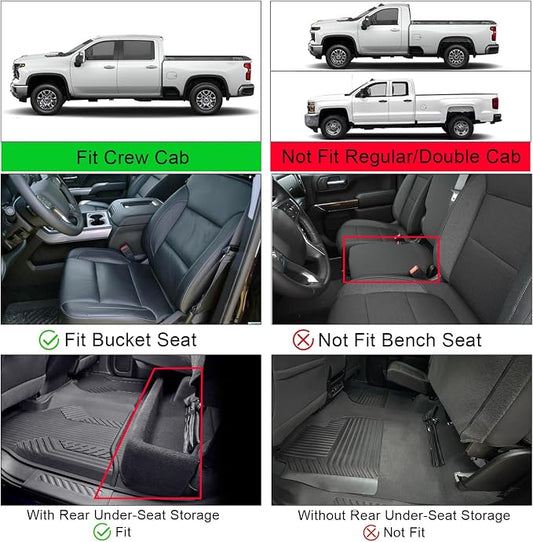 KUST Floor Mats for 2020-2026 Chevy Silverado/GMC Sierra 1500/2500HD/3500HD Crew Cab with Rear Underseat Storage Box, Front Bucket, All Weather Car Mats for Silverado Accessories TPE Rubber