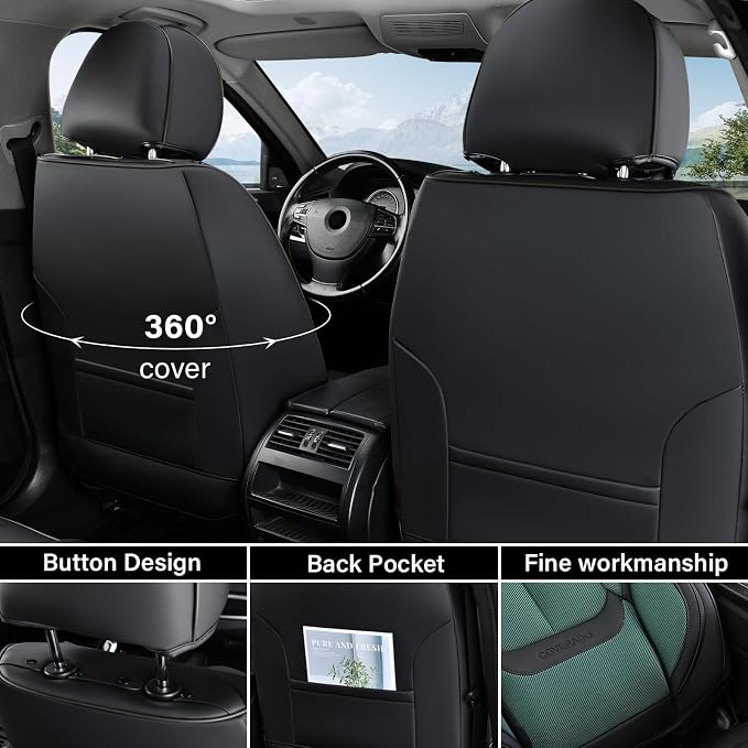 Coverado Seat Covers Full Set, Car Seat Covers Front Seat and Back Seat, Breathable Fabric&Leather Car Seat Protectors, Universal Seat Covers for Cars, Compatible with Most Cars (Green, FullSet)