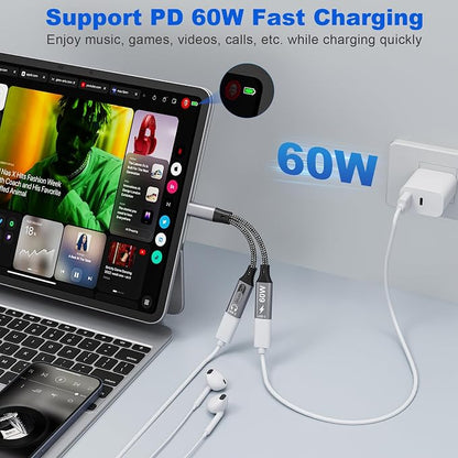 Dual USB C Headphone and Charger with PD 100W Fast Charging, USB C Splitter Audio and Charging Surpport Music, Calling, Dual Type C Dongle Adapter for iPhone 16/15 Series, iPad, MacBook, Android