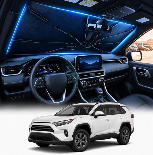 [2026 Upgraded] DooGooCoo Windshield Sun Shade Umbrella for Toyota Rav4 2019-2025 2026 [100% Sunlight Blocked, Cooling Ice Crystal] Sunshade for Car Windshield for Rav4 Sunshade, Custom Fit Rav4.