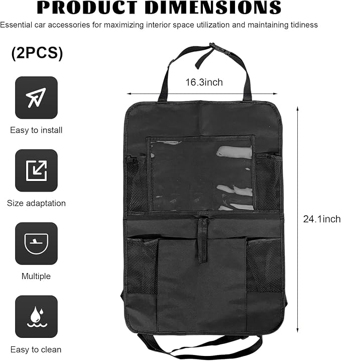 2 PCS Car Backseat Organizer, Multifunctional Seat Back Organizers with Touch Screen Tablet Holder, Waterproof Oxford Seat Back Storage Bag Kick Mats for Most Vehicles