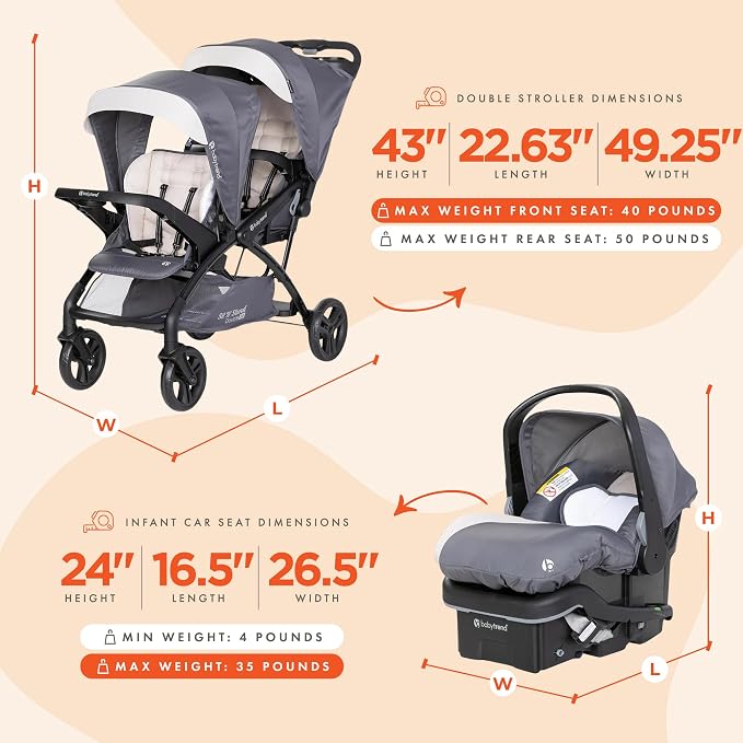 Baby Trend Sit N' Stand Double Stroller w/ 2 Pack EZ-Lift Plus Infant Car Seats, Magnolia - Lightweight Tandem and Travel Stroller with Carseat System for Toddlers