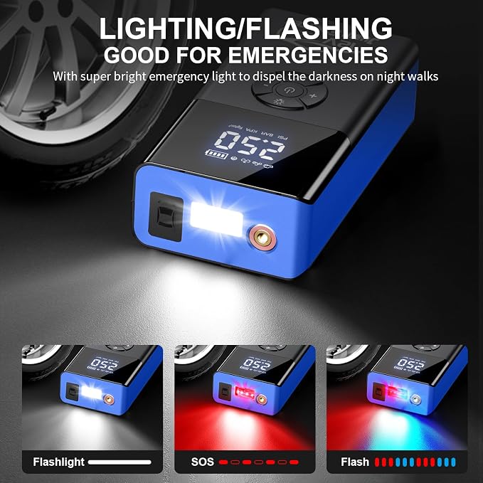 Jump Starter with Air Compressor, 8000A 180PSI, Portable Car Battery Jump Starter (All Gas/12L Diesel) 12V Automobile Jump Box Pack Chargers with Jumper Cables, 4-Mode LED Lights
