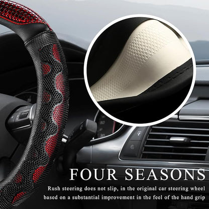Car Steering Wheel Cover, 15 Inch Anti-Slip Steering Wheel Cover Protector with 3D Honeycomb Design, Universal Steering Wheel Covers for Truck SUV, Car Accessories (Red, Round Shape)