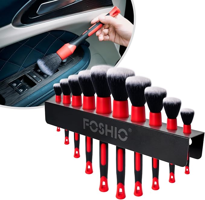FOSHIO Car Detailing Brush Holder with the Mounting Hardware, Durable Solid Painted Metal Rack for Putting Different Size 10 Car Detailing Brushes, Wall Mount for Garage Workshop