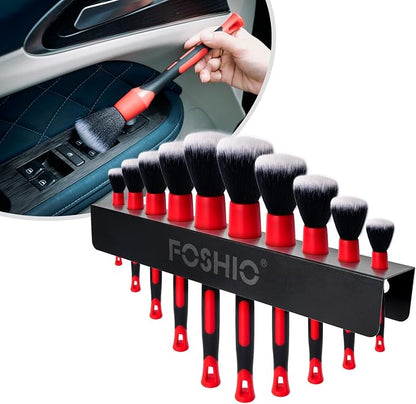 FOSHIO Car Detailing Brush Holder with the Mounting Hardware, Durable Solid Painted Metal Rack for Putting Different Size 10 Car Detailing Brushes, Wall Mount for Garage Workshop