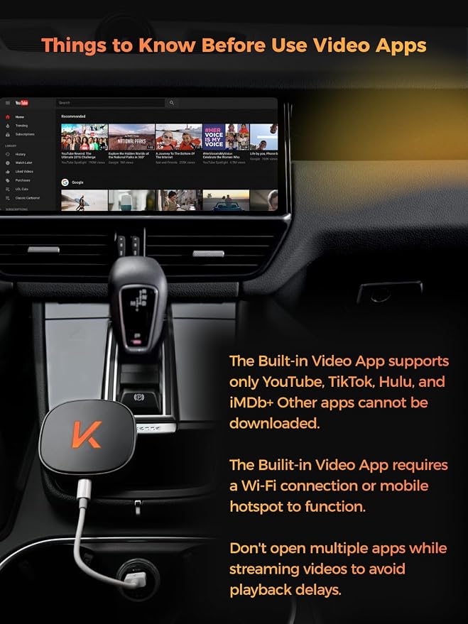 KALOS Carplay Wireless Android Auto Adapter, Support YouTube Tiktok,Convert Factory Wired to Wireless, Easy Setup,Quick Connection,Plug & Play, Compatible with Android 11+ & Cars from 2015