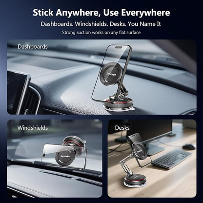 SYNCWIRE for MagSafe Car Mount [3-Axis] Nano Adhesive Gel + Strong Suction Cup Magnetic Phone Holder for Dashboard & Windshield, 360° Adjustable for iPhone 17 16 15 14 13 12, Samsung, Matte Black