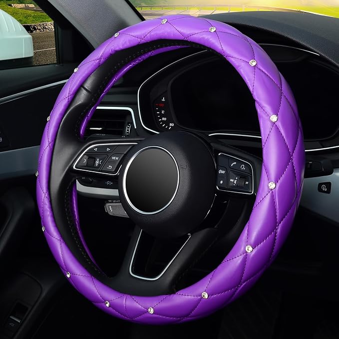 KAFEEK Diamond Soft Leather Steering Wheel Cover with Bling Bling Crystal Rhinestones, Universal 15 inch, Purple
