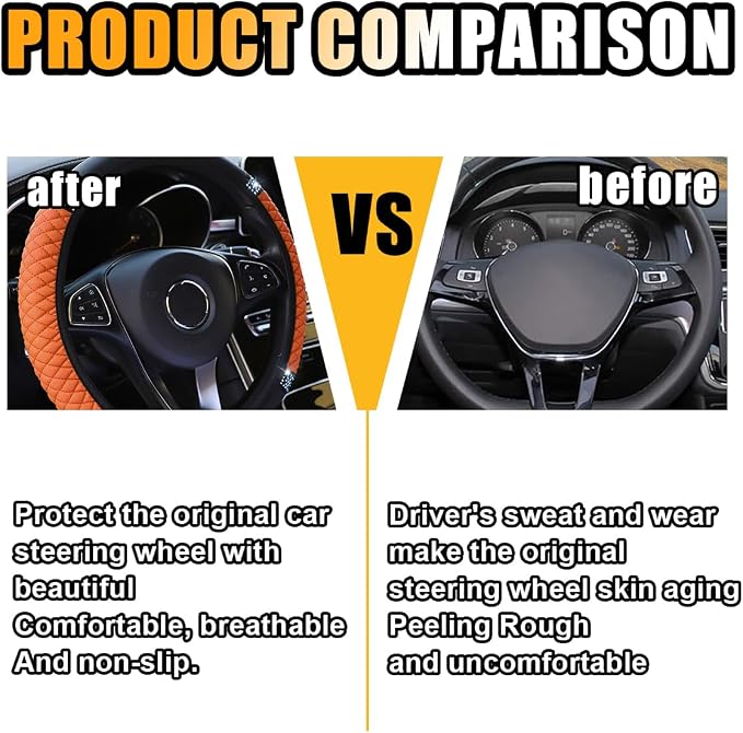 Bling Soft Leather Steering Wheel Cover, 15 Inch Colorful Rhinestones Auto Elastic Protector with Crystal Diamond for Women Girls, Car Accessories for Most Cars, SUVs (Orange)