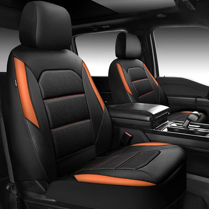 CAR PASS Memory Foam Car Seat Covers,Air Cool Mesh Thick Seat Covers Front Seats,Orange Leather Seat Covers for Car,Universal Automotive Comfort for Most Cars,SUV,Trucks,Airbag Compatible,Black Orange