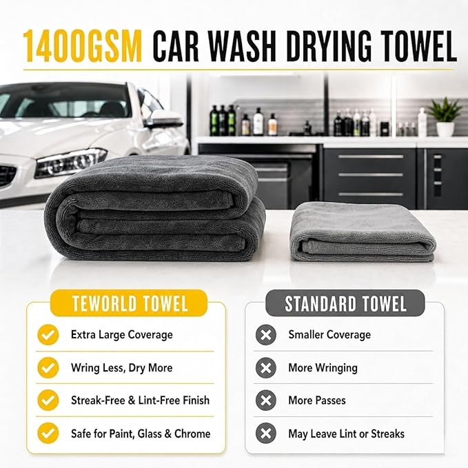 1400 GSM Car Drying Towels – XXL Microfiber Towels for Cars (48" x 24"), Ultra-Absorbent, Streak-Free, Scratch-Free, No Water Spots, Double-Twist Pile & Edgeless Design
