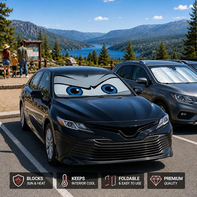 Car Windshield Sun Shade, Funny Eyes Sun Visor for Car Windshield Universal Fits Sedan Compact Car Hatchback SUV, UV Heat Protection - 59 x 27.5
