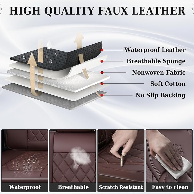 Coverado Front Seat Covers, Car Seat Covers Front Seats, Luxury Faux Leather Seat Covers for Cars, Car Seat Protector Waterproof, Automotive Driver Seat Cover Universal Fit for Most Cars, Brown