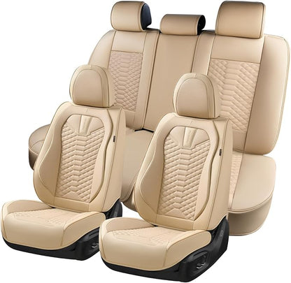 Coverado Car Seat Covers Full Set, Waterproof Nappa Leather Seat Covers for Cars, Universal 5 Seats Car Seat Covers, Front and Back Car Seat Protector, Auto Seat Covers Fit for Most Cars, Beige