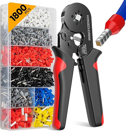 Ferrule Crimping Tool Kit,Wire Ferrule Kit Crimper Connectors，4 corners Self-adjustable AWG23-7 gauge 1800PCS Ferrules Electrical Terminal，Crimpers Tools Pin Terminals Ratchet Pliers for Audio,Car,DIY