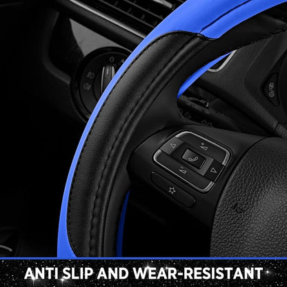 Road Comforts Leather Steering Wheel Cover - Made with PVC Leather - Anti-Slip, Universal Fit 14 1/2 inches to 15 inches - Blue