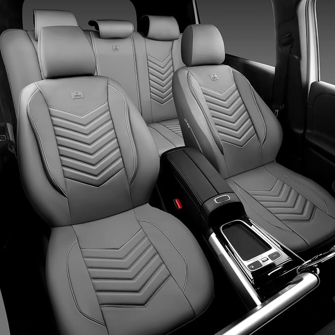 CAR PASS 3D Foam Faux Leather Car Seat Covers Full Set, Waterproof Grey Leather Seat Cover for Cars, Luxury Universal Fit for SUV Truck Sedan Automotive, Armrest Airbag Compatible Anti-Slip, All Gray