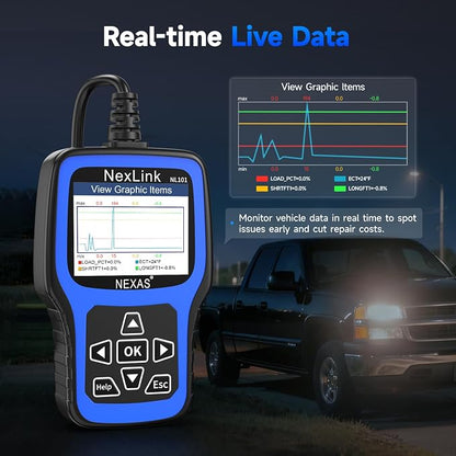 NEXAS NL101 OBD2 Scanner with Battery Tester - Check Engine Code Reader, Car Diagnostic Scanner with Live Data, Freeze Frame, I/M Readiness for All US Vehicles Since 1996