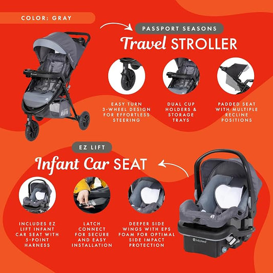 Baby Trend Passport Seasons Baby Stroller with EZ-Lift Infant Car Seat, Adjustable Canopy, Storage Basket & Cup Holders, Journey Black - Lightweight & Foldable Travel System for Toddlers & Infants