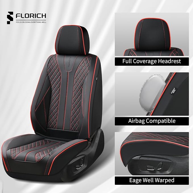 FLORICH Leather Car Seat Covers, Automotive Seat Cover 2 Pack Waterproof Seat Covers for Cars Driver Seat Cover Protectors Universal Fit for Most Cars SUV Trucks Vehicles, Black&Red Line