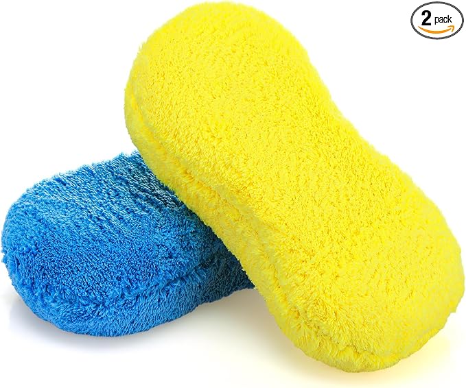 Tanlade 2 Pcs Large Car Wash Sponge for Cleaning, The Microfiber Sponges for Car Washing Supplies, Trucks and Motorcycles (Blue,Yellow)