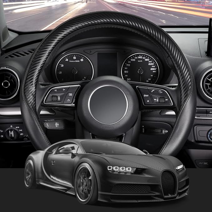 SEG Direct Car Steering Wheel Cover Universal Standard-Size 14 1/2"-15" Leather with Carbon Fiber Pattern Black