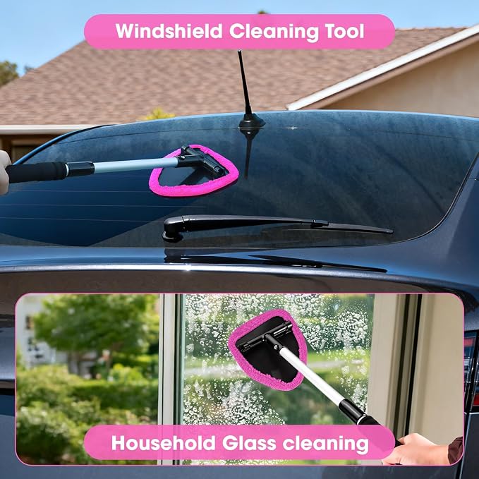 Pink Windshield Cleaner Tool, Car Interior Cleaning Kit with Extendable Handle and 3 Reusable Microfiber Pads, Auto Glass Wiper and Detailing Brush Kit for Car & Home Window