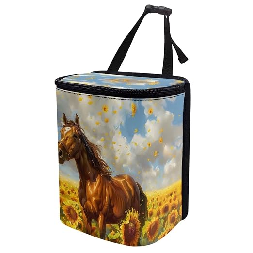 Talayituse Horse Sunflower Print Car Trash Can, Portable Auto Garbage Bin Multifunctional Vehicle Interior Accessories with Adjustable Straps Universal Fit Truck SUV Sedan