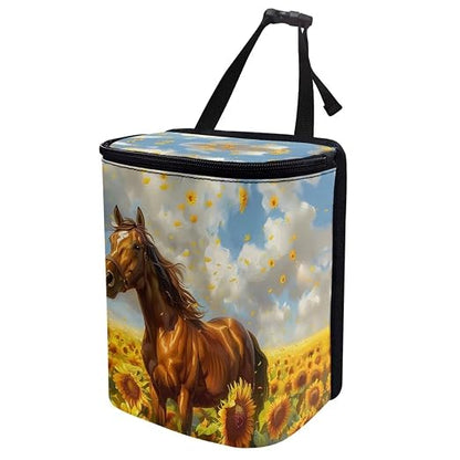 Talayituse Horse Sunflower Print Car Trash Can, Portable Auto Garbage Bin Multifunctional Vehicle Interior Accessories with Adjustable Straps Universal Fit Truck SUV Sedan