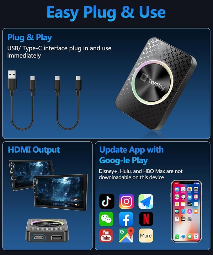 4GB+ 32GB Wireless CarPlay & Android Auto Adapter AI Box, Turn Car Screen into TV (Stream Netflix/YouTube), Plug & Play Magic Video Dongle, Support TF Card, Bluetooth 5.1 + WiFi Connectivity