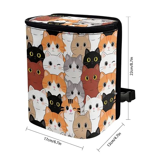 Talayituse Cartoon Cat Print Car Trash Can Portable Auto Garbage Bin Multifunctional Vehicle Interior Accessories with Adjustable Straps Universal Fit Truck SUV Sedan